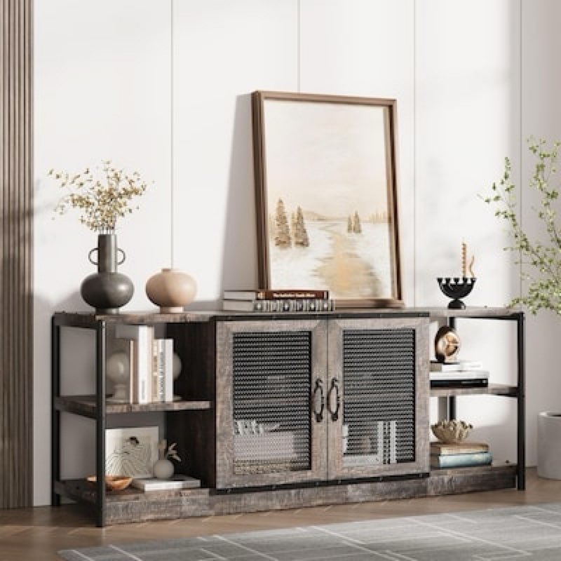 Farmhouse TV Stand for 65/75 inches TVs, Industrial Entertainment Center with Double Mesh Doors and 