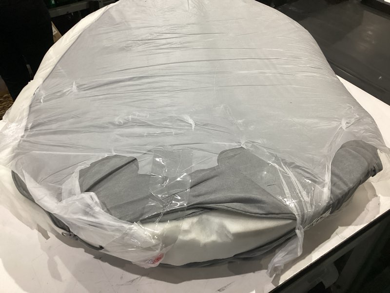 Condition photo showing As Is for furhaven round orthopedic dog bed for large dogs, egg crate with a solid orthopedic foam base with attached blanket hood and removable washable cover, large, sherpa & suede snuggery, gray gray large