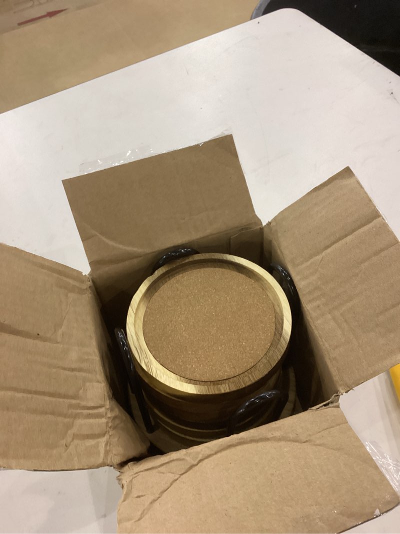 Wood Coasters for Drinks with Metal Holder, Wooden Coaster with Cork for Tabletop Protection, Drink 