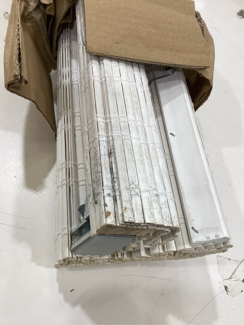 Condition photo showing As Is for lazblinds no tools no drill cordless bamboo roman shades, light filtering window treatment, roll up bamboo blinds for window 29'' w x 64'' h, ceylon vintage white ceylon vintage white 29'' w x 64'' h