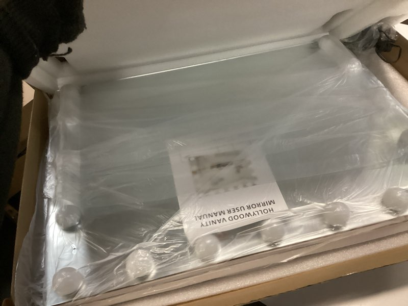 Condition photo showing Good Condition for Moonee Vanity Mirror with Lights, Hollywood Lighted Makeup Mirror with 15 Dimmable Bulbs and 10X Magnification, 3 Colors Modes, Aluminum Metal Frame, Light Up Mirror for Tabletop or Wall?23" x 18"? White 23"L x 18"W