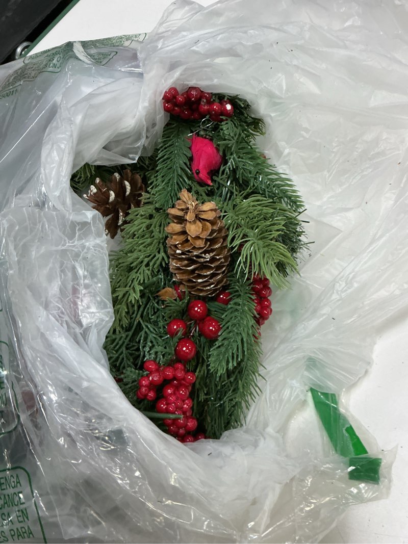 Condition photo showing Good Condition for 24-inch green front door wreath green pine needle red berry bird brown berry gingerbread man wreath christmas thanksgiving decoration wall fireplace door courtyard decoration