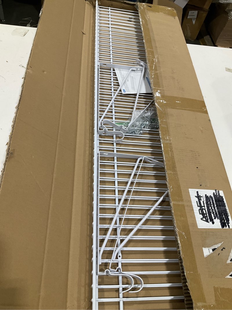 Condition photo showing Good Condition for 2 Pack Closet Shelves with Triangular Brackets and Hanging Rod, 4FT X 12IN Wall Mounted Wire Shelving Orgnizer for Closet,Laundry Room,Pantry,Load Up to 150lb, White White 4ft X 12in With Rod-2 Pack