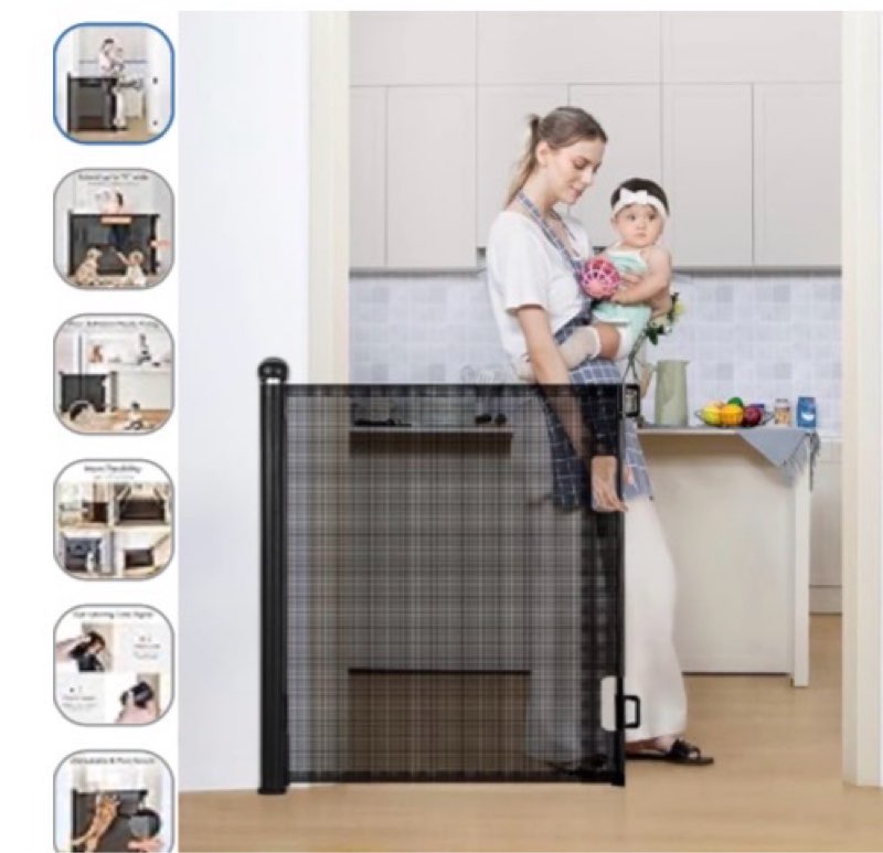 comomy retractable baby gate for stairs, 0-71" mesh dog gate for house doorways hallways, 33" tall extra wide child safety gate for kids pets, indoor and outdoor (black)