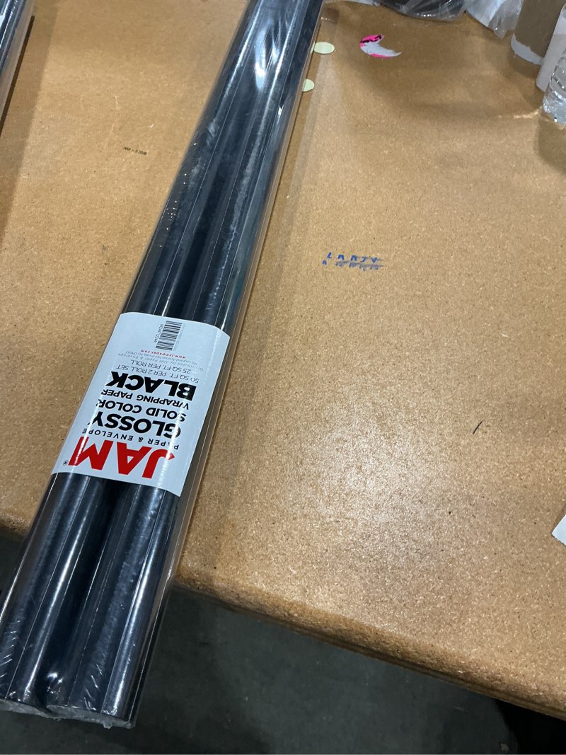 Condition photo showing New/Like New for jam paper gift wrap - glossy wrapping paper - 50 sq ft total (30 in x 10 ft each) - black - 2 rolls/pack 50 sq ft (pack of 2) black