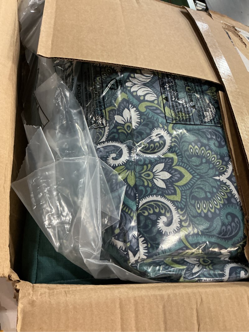 Condition photo showing New/Like New for arden reversible outdoor plush modern tufted blowfill deep seat set, 24 x 24, water repellent, fade resistant, deep seat bottom and back cushion for chair/sofa, sapphire aurora blue damask 24 x 24 tufted deep seat set sapphire aurora damask peacock blue green