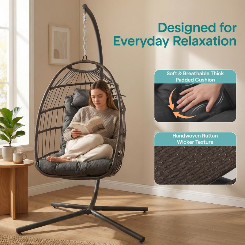 serenelife hanging egg chair with stand - indoor/outdoor swing hammock chair with plush washable cushion