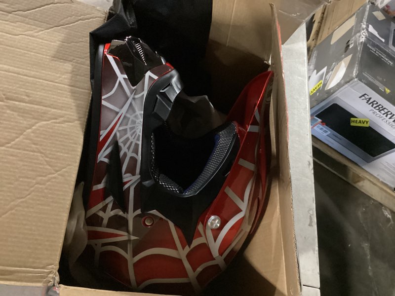 Condition photo showing New/Like New for youth dirt bike helmet dot certified for boys & girls ages 5-14, four wheeler, motocross, bmx, mx, utv, go kart, racing, skateboard, baseball red cobweb x-large