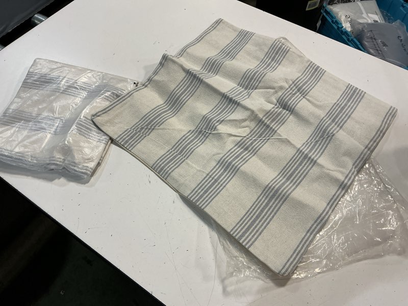 Condition photo showing New/Like New for neutral stripe pillow cover (set of 2), natural/blue 20”