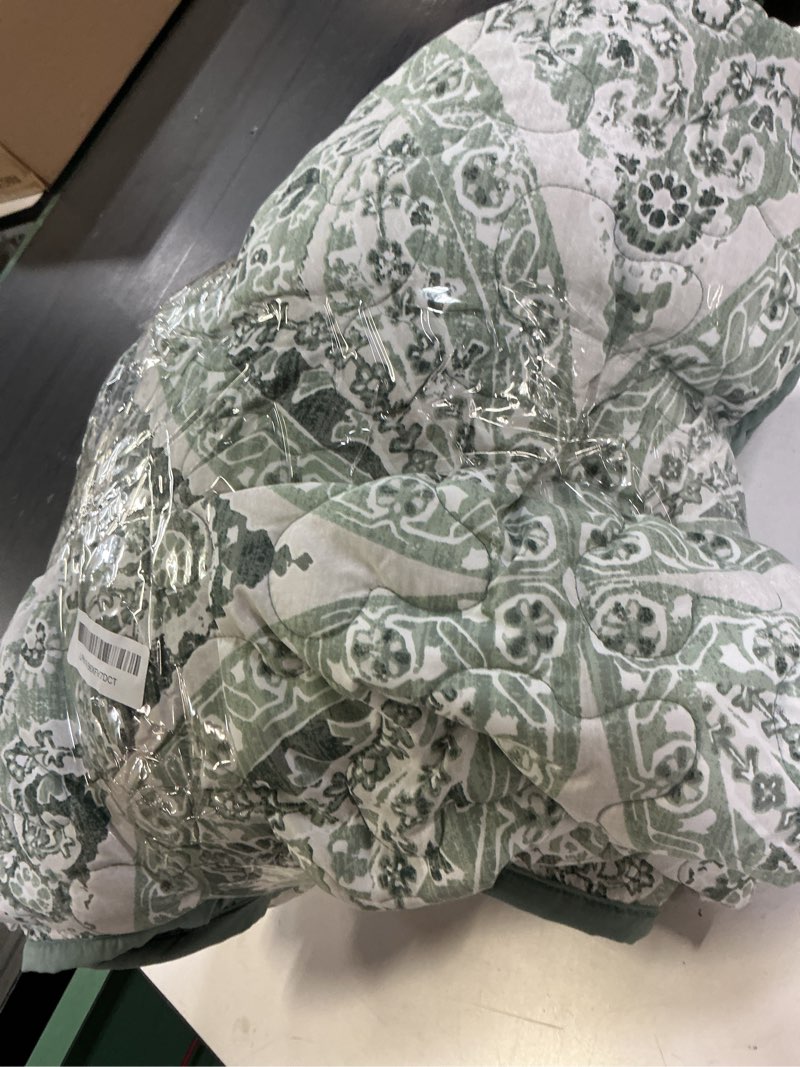 Condition photo showing As Is for comfort spaces boho quilt set twin reversible vermicelli quilting twin size bed, all season, lightweight, coverlet winter layer bedding, shams, gloria, twin/twin xl green 2 piece twin/twin xl (66 in x 90 in) green