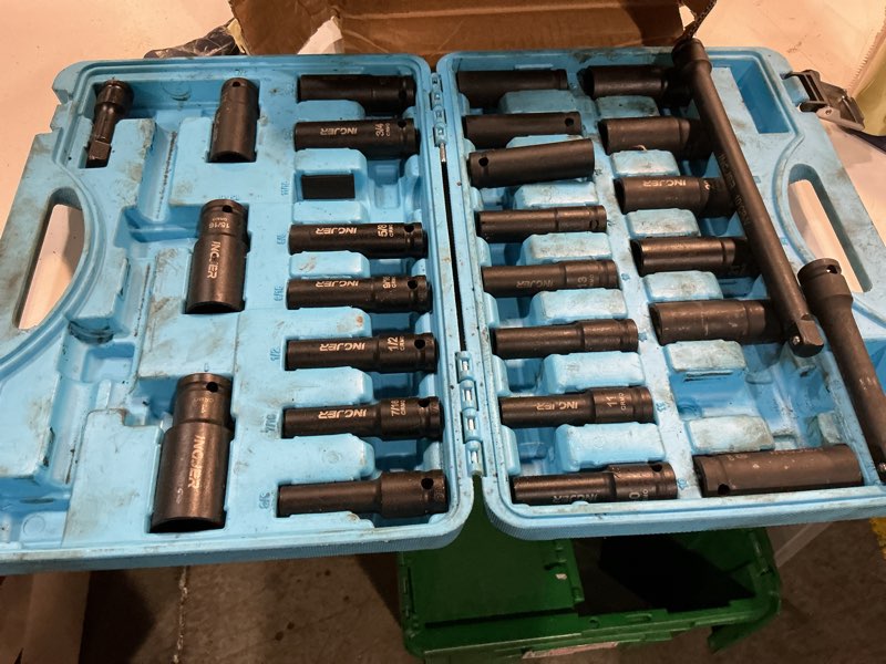 Condition photo showing As Is for 1/2" 29pcs drive impact socket set, sae (3/8 to 1 inch) and metric (10-24mm) sizes with extension bars standard deep socket set cr-mo material high torque truck bearing locknut 1/2inch 29pcs deep