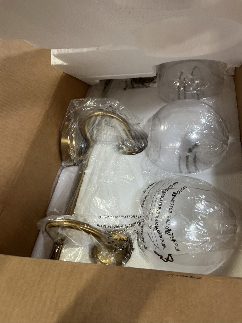 Condition photo showing New/Like New for bathroom light fixtures, 3-light brushed gold vanity lights with globe clear glass, champagne bronze vanity lighting fixtures over mirror, ad-22280-3w-gd gold, 3-light