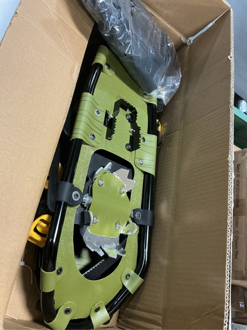 Condition photo showing Good Condition for Retrospec Drifter Snowshoes for Women & Men - Lightweight Aluminum Frame Snow Shoes with Double Ratchet Binding System, Heel Lifts & Carry Bag for All Terrain Hiking & Winter Sports Olive 25" Snowshoes