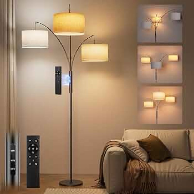 SIBRILLE 36W LED Arc Floor Lamp with 3 White Fabric Shades, 3000LM Super Bright Standing Lamp with R