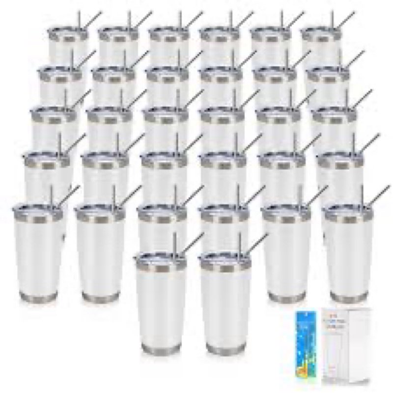 ieoviee 32 pack, 20oz stainless steel bulk tumblers with lids and straws, double wall insulated trav
