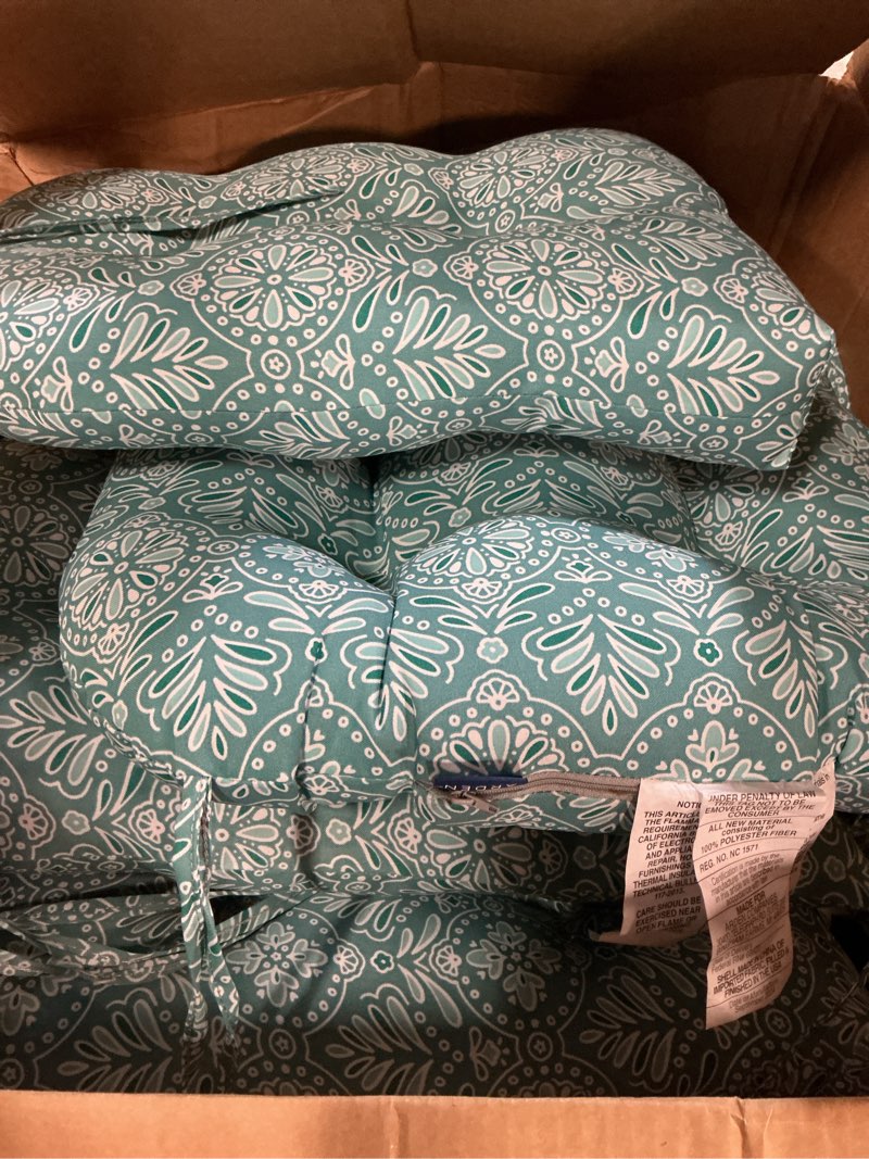 Condition photo showing Good Condition for arden plush indoor/outdoor rocking chair cushion set, 18 x 20, water repellent, fade resistant, tufted cushion for rocking chairs turquoise daphne medallion rocking chair cushion turquoise daphne medallion