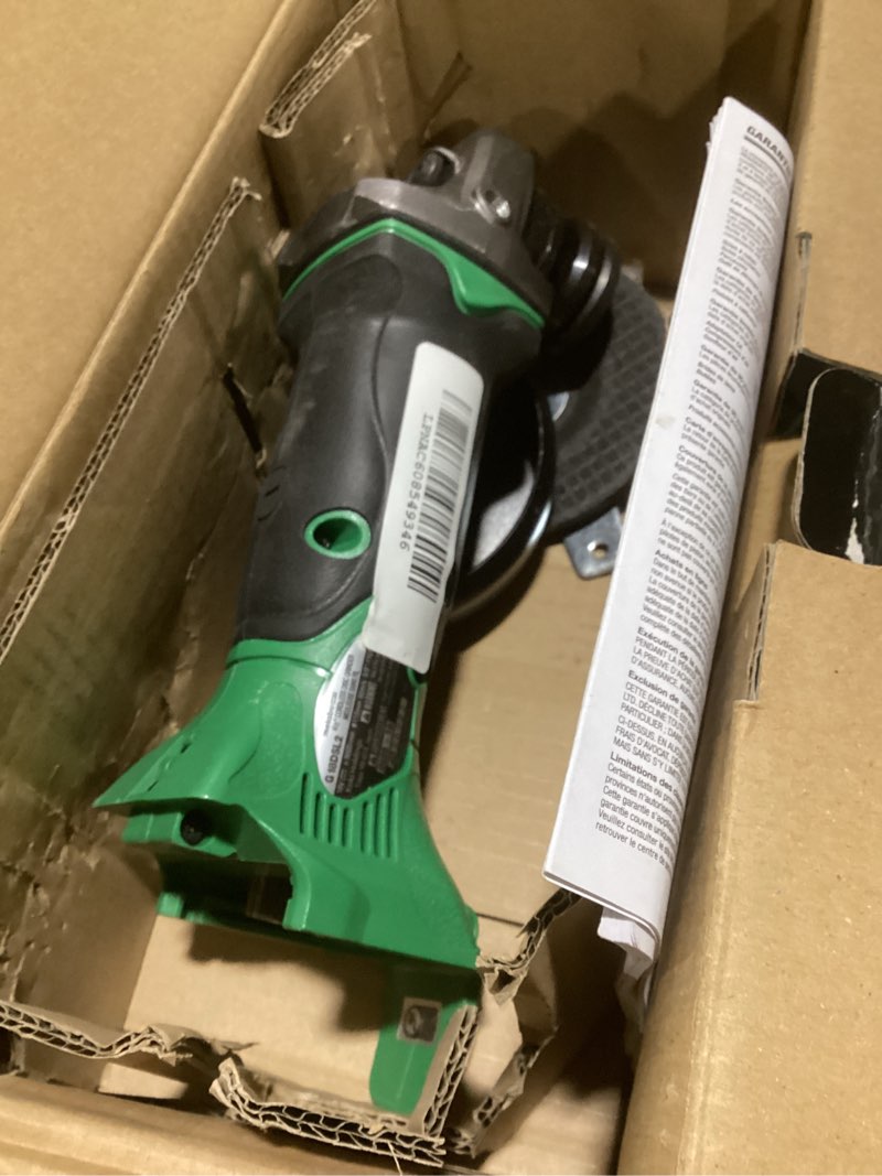 Condition photo showing As Is for metabo hpt 18v multivolt 4-1/2 inch slide switch power angle grinder kit, high torque motor power tool with battery charge indicator, soft grip handle, safety features, g18dsl2q4 18v 4-1/2-inch grinder (tool only)