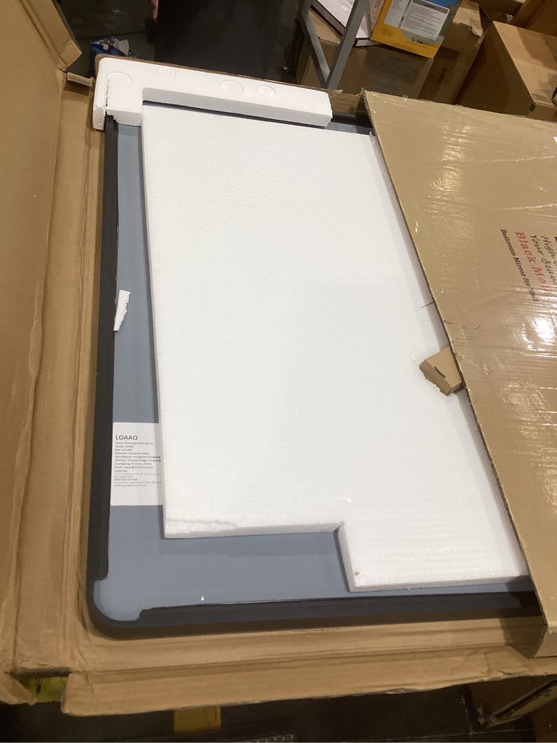 Condition photo showing As Is for loaao 36x36 inch black metal framed bathroom mirror for wall, matte black bathroom vanity mirror farmhouse, anti-rust, tempered glass, hangs horizontally or vertically black 36"l x 36"w