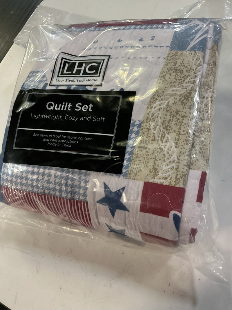 Condition photo showing Good Condition for 2-piece quilt set - nautical americana patchwork print all-season soft microfiber bedspread - twin bedding with pillow sham by lavish home