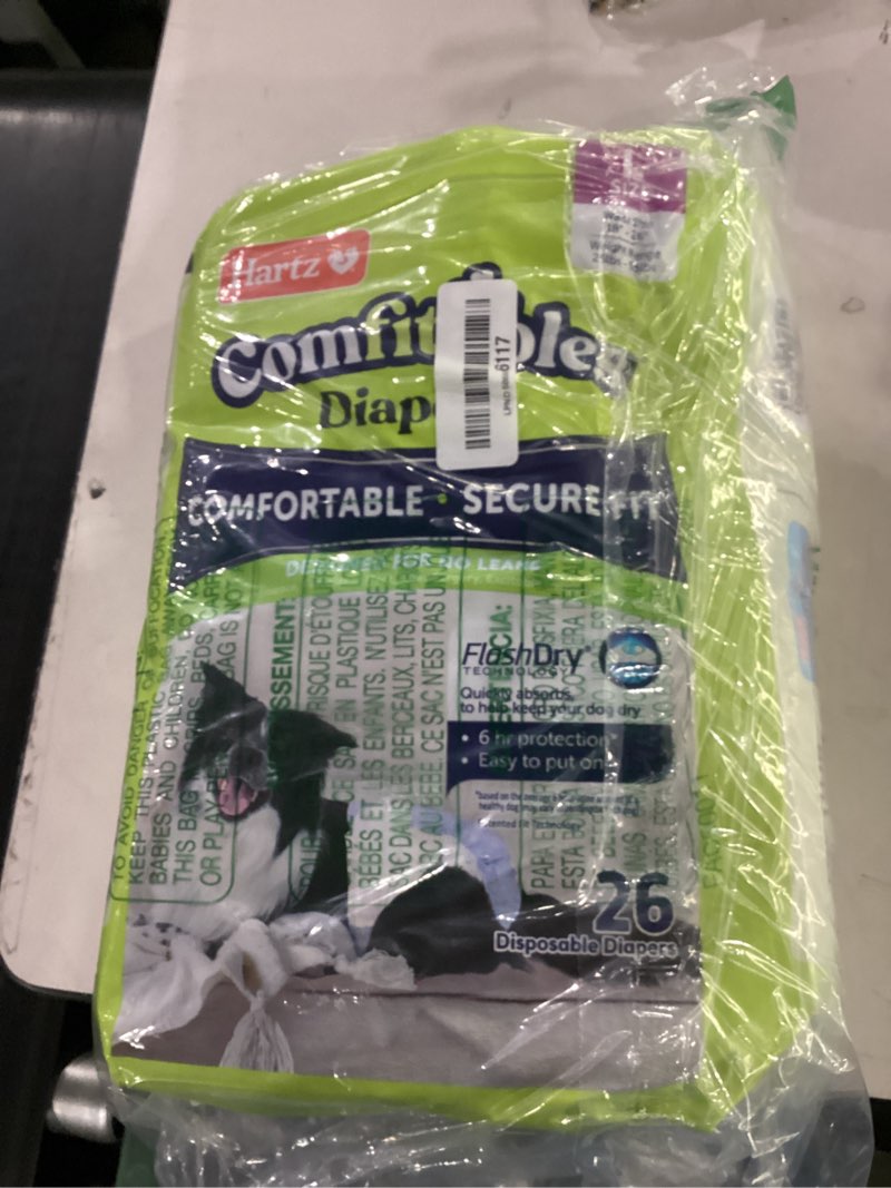 Condition photo showing New/Like New for hartz comfitables disposable dog diapers, size large 26 count, comfortable & secure fit, easy to put on, super absorbent male and female diaper