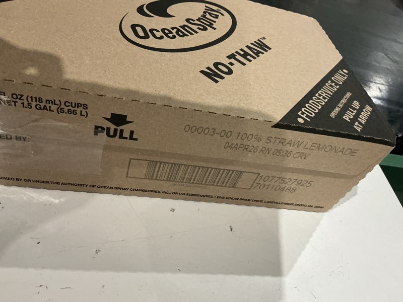 Condition photo showing As Is for expired))ocean spray® 100% strawberry lemonade juice drink, 4 fl oz cup, 48 count