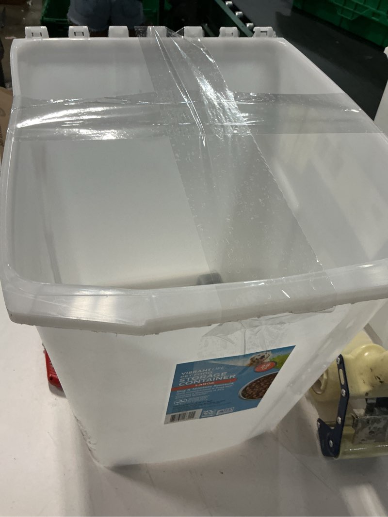 Condition photo showing As Is for vibrant life plastic pet food storage container without locking lid  25 lb capacity