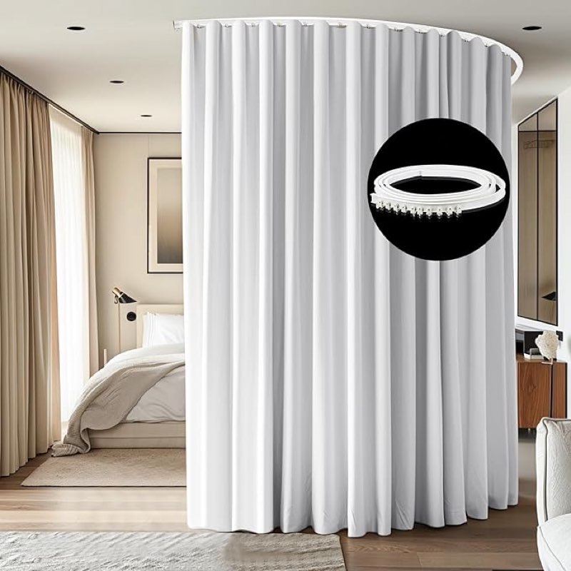 room divider ceiling mounted curtains track sets extra wide blackout curtain flexible tracks for bedroom privacy partition separator, 1 panel white drape and white rail, w8.3 x h7ft