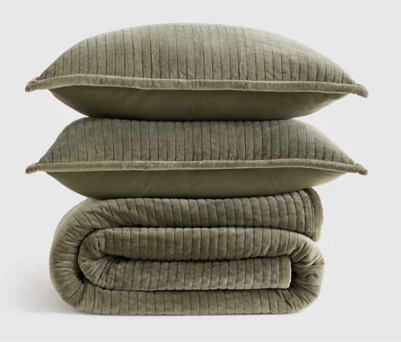 quince cotton velvet channel quilt set features plush fabric with hand-stitched vertical lines king/cal king moss