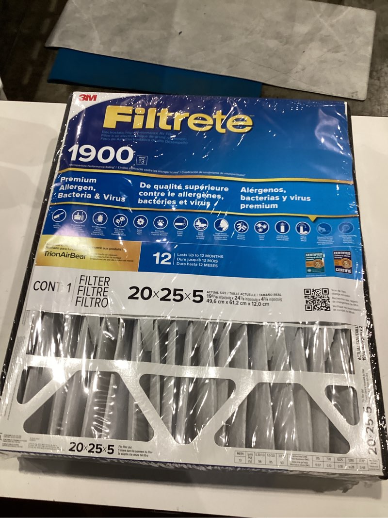 Condition photo showing New/Like New for filtrete 20 x 25 x 5 merv 13 1900 mpr premium allergen, bacteria and virus electrostatic pleated