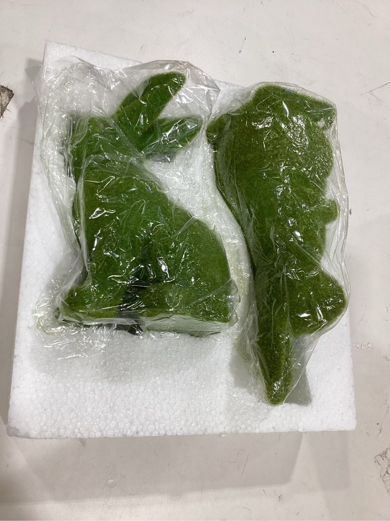 Condition photo showing New/Like New for 2pcs easter bunny ornament set, green moss artificial sculpture, green bunny resin ornament, spring garden decoration. (large 2pcs standing+sitting)