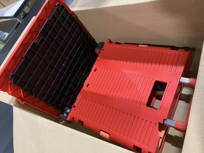 Condition photo showing As Is for foldable utility cart folding portable rolling crate handcart shopping trolley wheel box with lid wear-resistant noiseless 360°rotate wheel for travel shopping moving storage office use (red) red pro