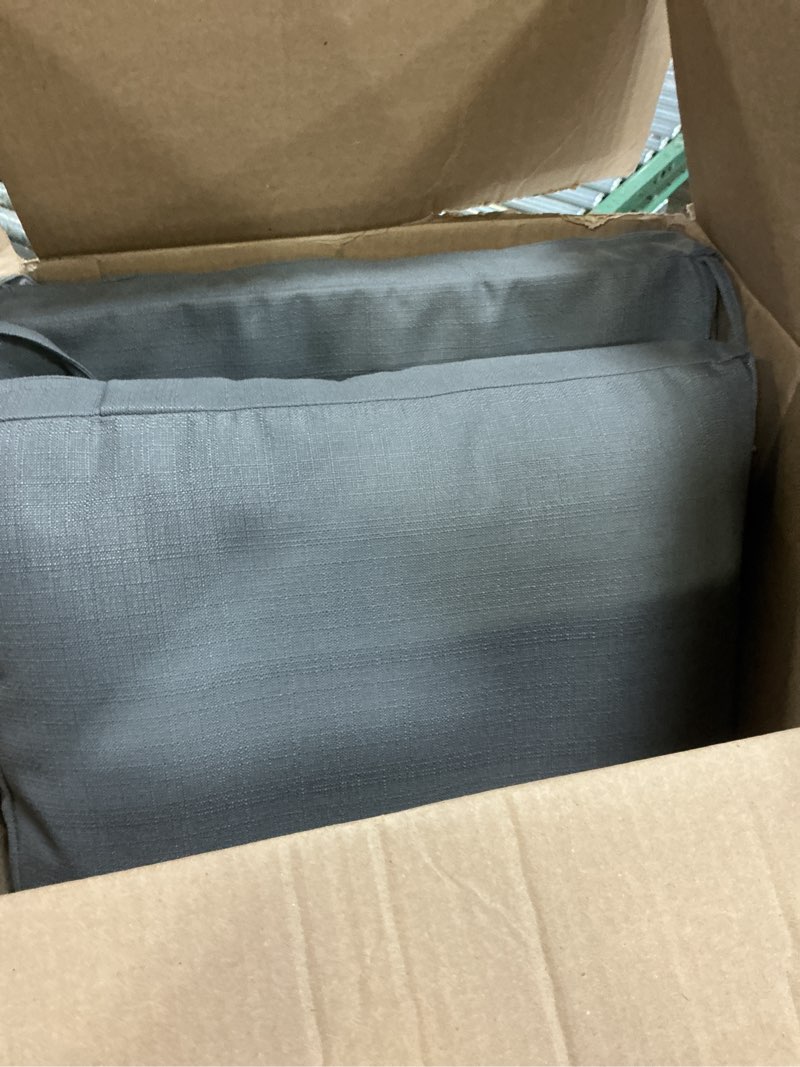 Condition photo showing As Is for miulee dark grey outdoor dining cushion 20x20 inch waterproof & 3 year color fastness deep seat and back cushion for patio furniture chair with ties dark grey 20 x 20 x3 inch