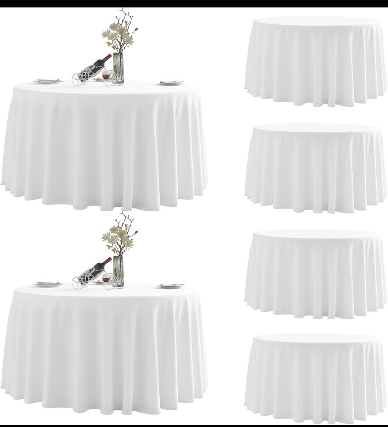 Round Tablecloth,6 Pack 120inch Stain and Wrinkle Resistant Polyester Table Cloth,Decorative Fabric Table Cover for Kitchen,Dinning,Party,Wedding Round(White) 6 Pack 120R White