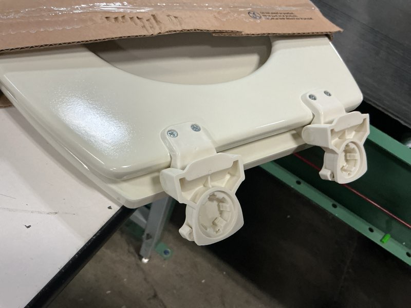 Condition photo showing As Is for bemis 500ec durable wood toilet seat with easy clean hinges, made in usa, round, biscuit biscuit round