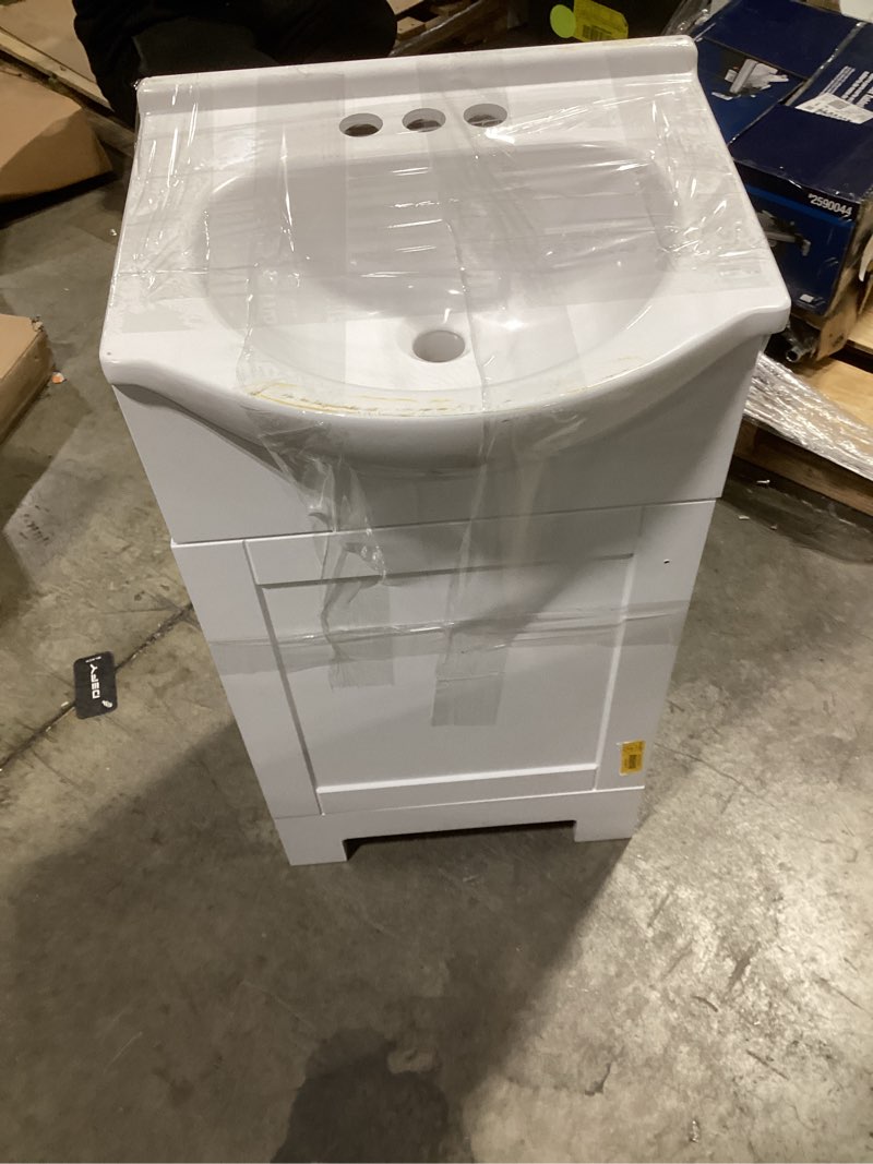 Condition photo showing As Is for  Project Source Euro 18-in True White Single Sink Bathroom Vanity with White Cultured Marble Top
