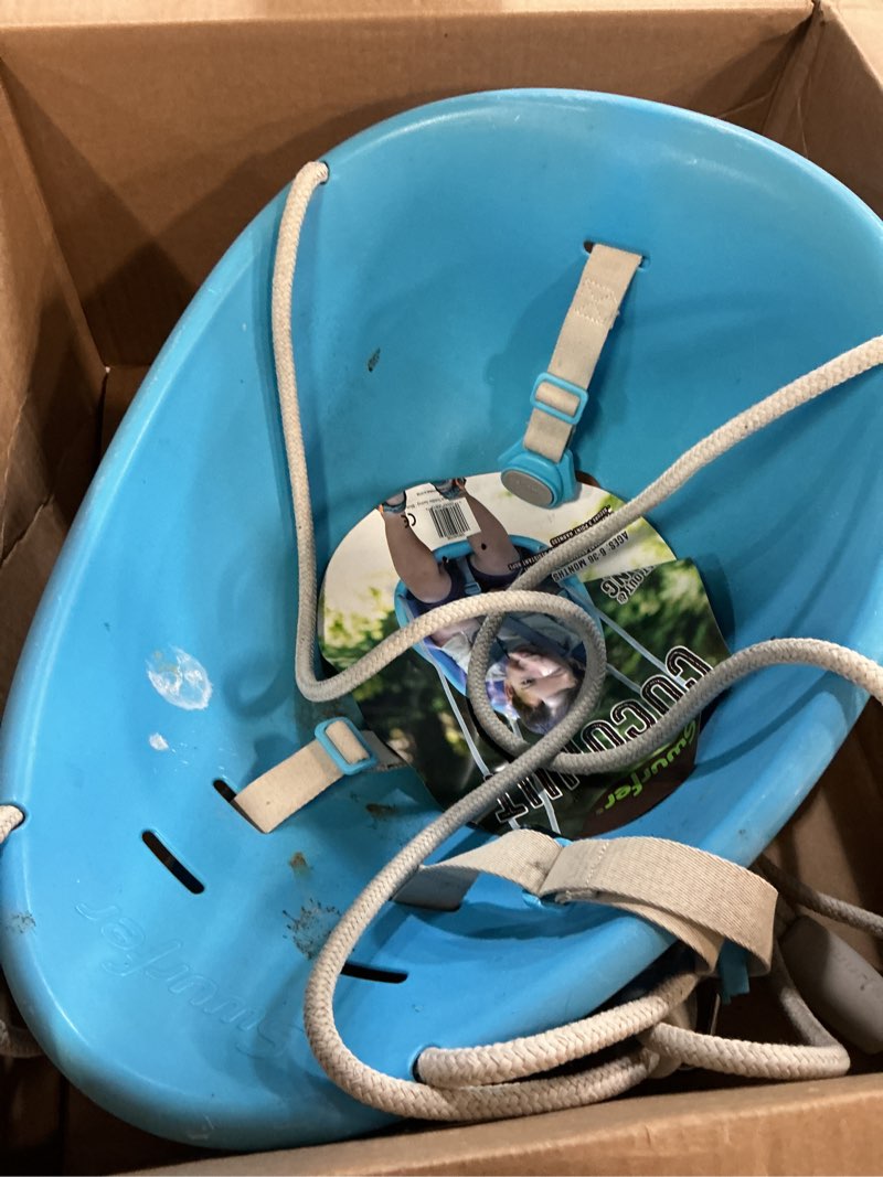 Condition photo showing As Is for swurfer coconut toddler swing – comfy baby swing outdoor, 3- point adjustable safety harness, secure, safe quick click locking system, blister-free rope, easy installation, ages 6-36 months blue