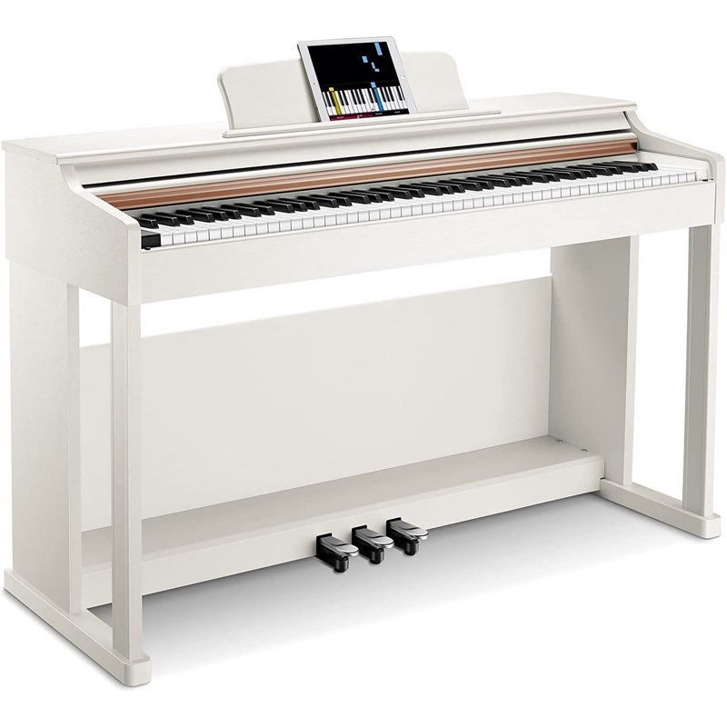 donner ddp-100 88-key weighted action digital piano for beginner bundle with piano keyboard stand, power adapter, triple pedals, mp3 function, usb-midi, 2 headphone jacks, white, melodics lessons