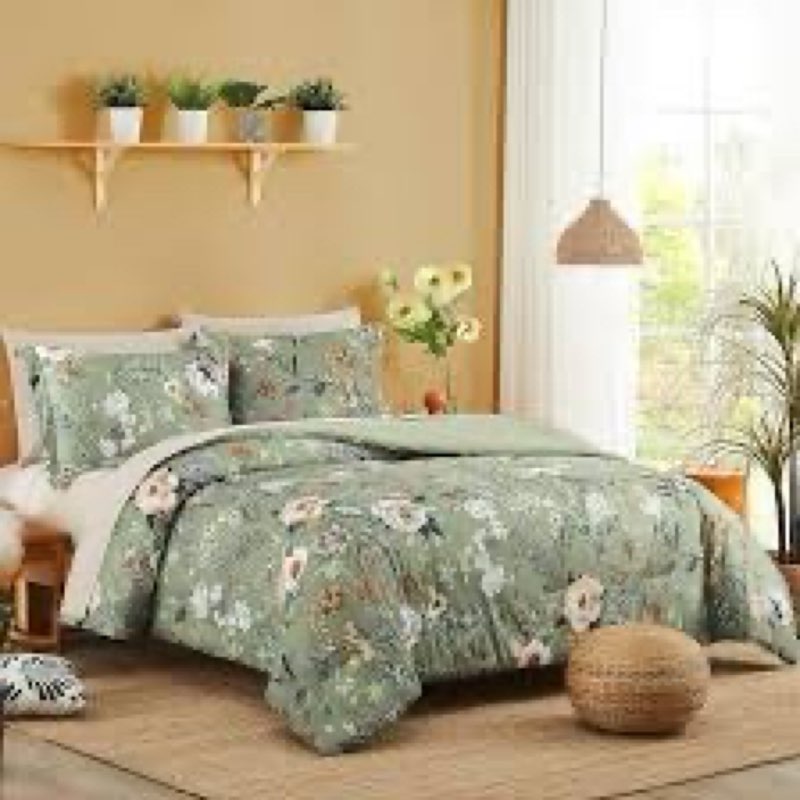Queen Size Comforter Set, 7 PCS Green Floral Comforter Set with Flowers Leaves...