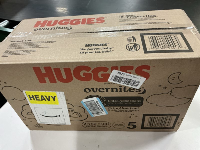 Condition photo showing New/Like New for huggies size 5 overnites baby diapers: overnight diapers, size 5 (27+ lbs), 100 ct (2 packs of 50), packaging may vary size 5 100