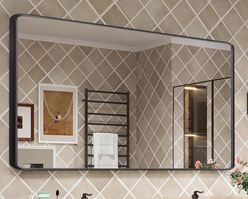 Black Framed Mirrors for Bathroom,48 x 36 Inch Rounded Conner Rectangle Mirror for Wall, Matte Black Vanity Mirror with Tempered Glass,Anti-Rust,Hangs Horizontally or Vertically