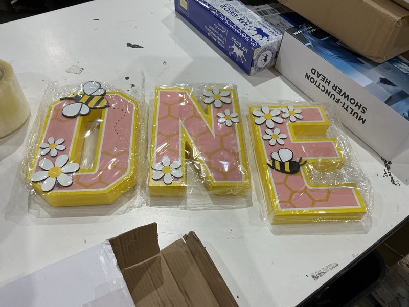 Condition photo showing Good Condition for bucherry bee wooden one letter sign for first birthday - cake smash prop, photo booth background, table centerpiece with floral details for girls baby shower anniversary decor
