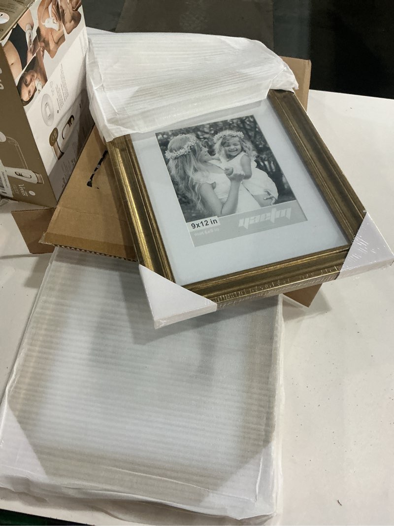 Condition photo showing New/Like New for yaetm gold 9x12 picture frame matted to 6x8 set of 4, 1.4” wide molding & rustic gold photo frames 9 x 12 with tempered glass, display on tabletop & wall mounting, 4 pack 9x12, 4 pack gold