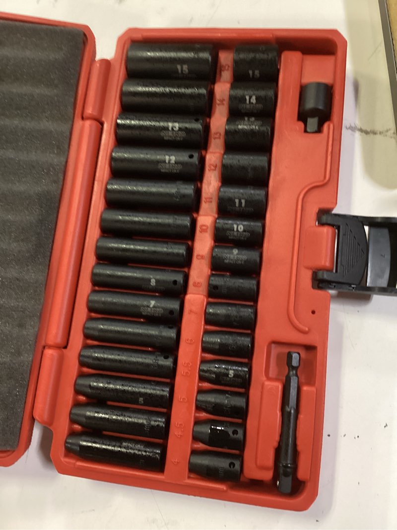 Condition photo showing Good Condition for neiko 02481a 1/4" drive impact socket set, 30 piece, metric sizes 4 – 15 mm, deep and shallow sockets, chrome vanadium steel, 3/8” to 1/4” reducer, hex shank socket impact adapter, socket wrench set
