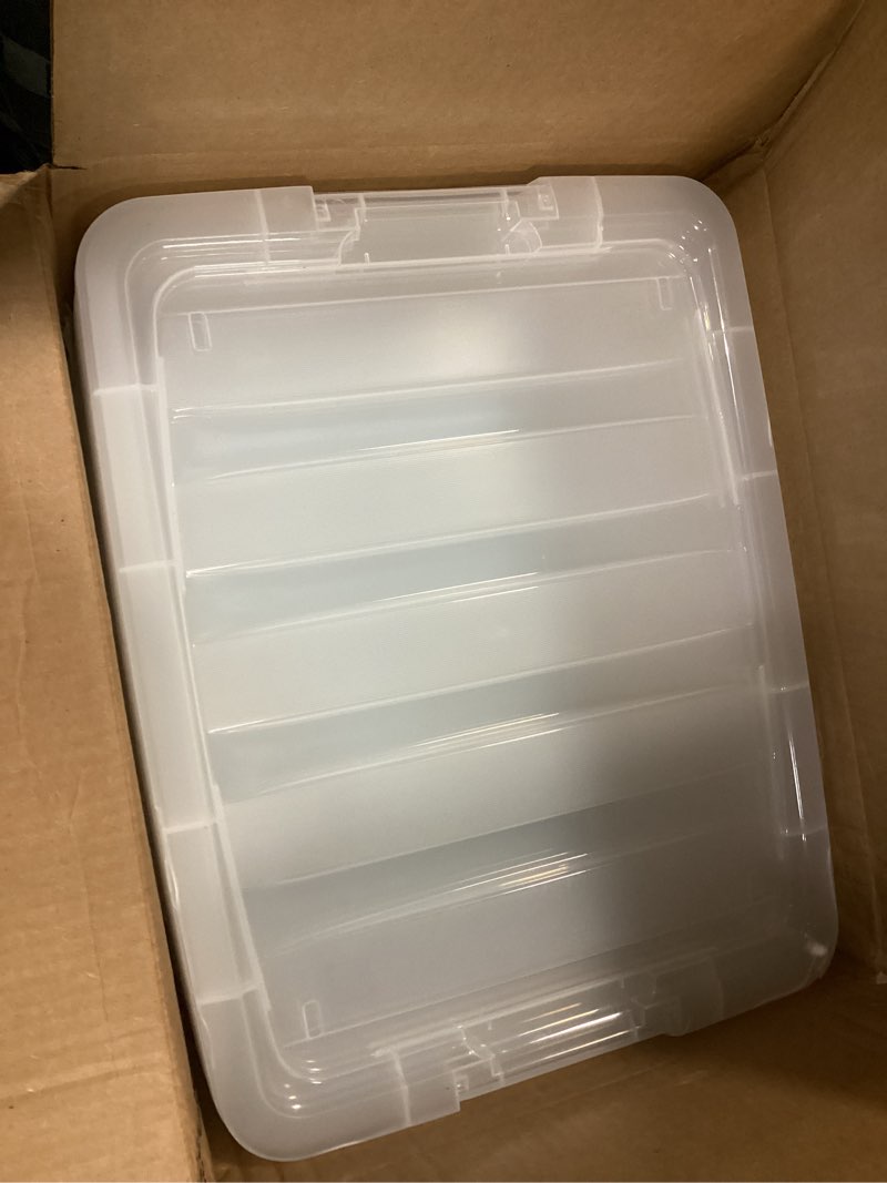 Condition photo showing As Is for iris usa 40 qt plastic storage box with lid and latches - 6 pack - bpa-free, see-through organizing solution, durable nestable stackable containers, secure pull handle - clear