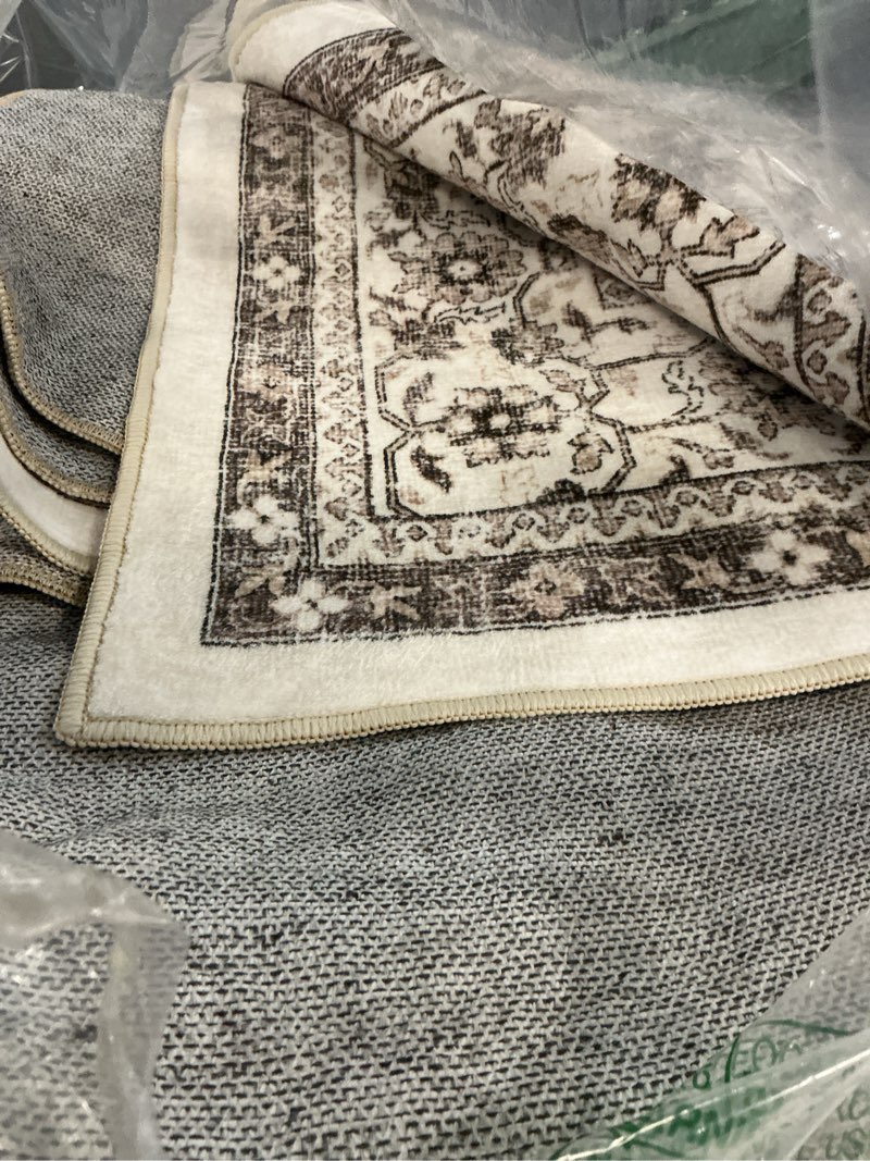 Condition photo showing Good Condition for jinchan floral 5x7 area rugs for bedroom - machine washable vintage distressed boho design throw rug stain resistant carpet low-pile thin non-slip for nursery living room dining room (5‘x7', beige) 5' x 7' (buttery soft) multi beige