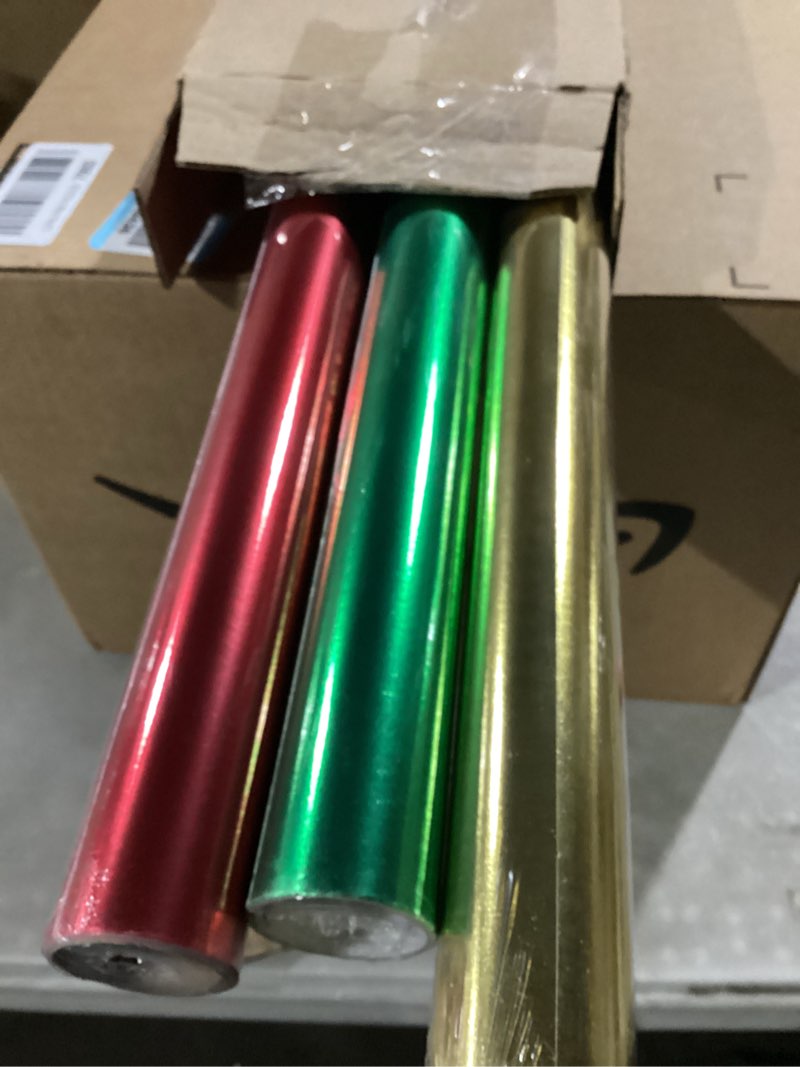 Condition photo showing Good Condition for Hallmark Christmas Wrapping Paper Rolls - Solid Red, Green, Gold Metallic Foil Gift Wrap Paper (Set of 3 Rolls: 60 sq. ft. ttl.) for Holiday Parties, Hanukkah, Winter Weddings Metallic Red, Green, Gold