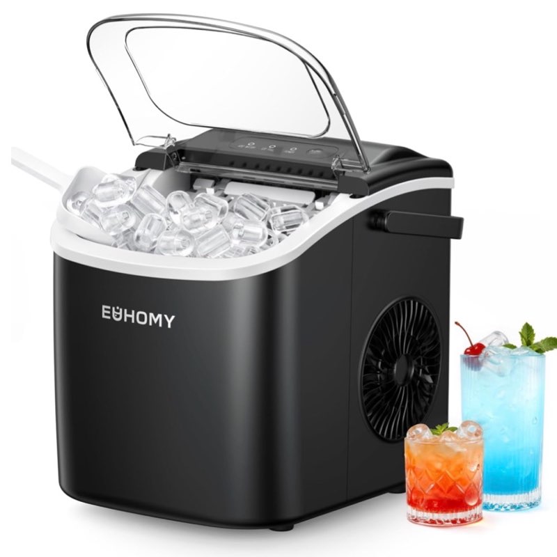 euhomy ice maker countertop, portable ice machine with carry handle, 26.5lbs per day, 9 cubes in 6 m