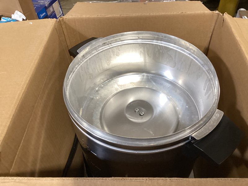 Condition photo showing As Is for west bend 33600 coffee urn commercial highly-polished aluminum nsf approved features automatic temperature control large capacity with fast brewing and easy clean up, 100-cup, silver