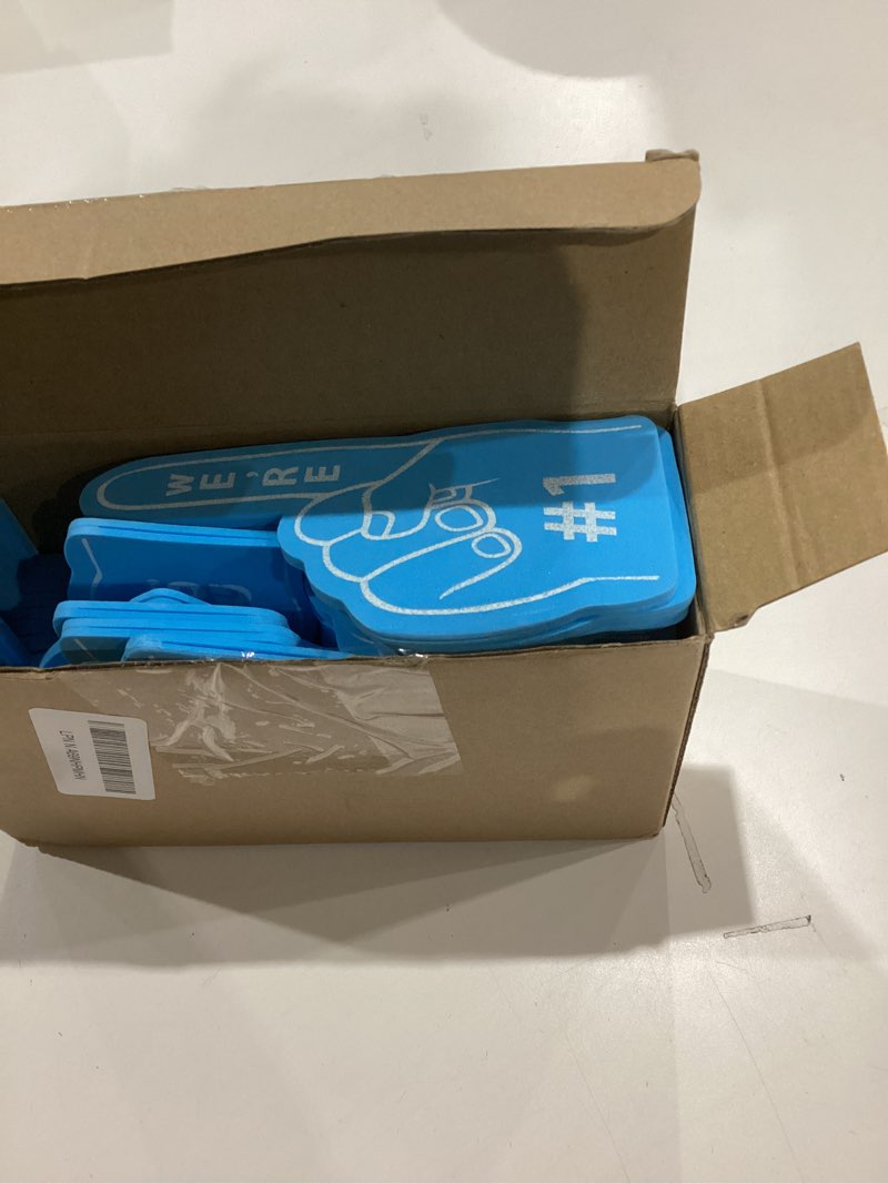 Condition photo showing Good Condition for Sinmoe 48 Pieces Sport Party Favors Fan Foam Finger Mini #1 Basketball Baseball Football Soccer Team Cheerleader Gifts for Sporting Events Games Birthday Supplies Light Blue