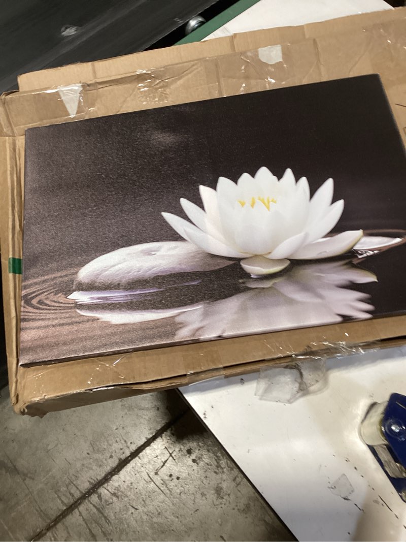 Condition photo showing Good Condition for lzimu zen canvas wall art white lotus and black zen stones bloom in water picture prints for yoga spa meditation spiritual room bathroom decor (zen-1, 24"x36") 24"l x 36"w zen-1